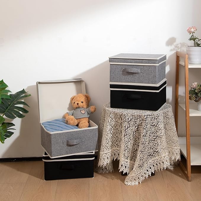 Storage Bins with Lid, Foldable Clothing Storage Box case with Handle for Closet, Bedroom, Home, Gray+Black, 13L x 12.5W x 7H inch