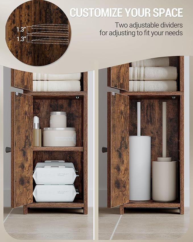 Bathroom Storage Cabinet, Small Corner Floor Cabinet with 2 Doors and Adjustable Shelf, Narrow Toilet Paper Cabinets, Bathroom Organizer for Small Spaces, 7.9"D x 7.9"W x 29.5"H Rustic Brown