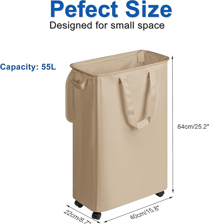 Slim Laundry Hamper with Lid and Wheels, Small Rolling Laundry Basket with Handle for Small Spaces, Tall Dirty Clothes Hampers for Dorm, Bathroom and Bedroom, 55L, Oatmeal