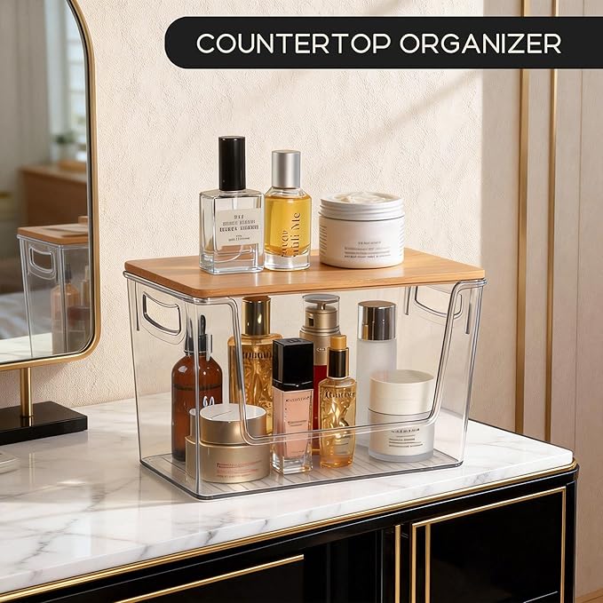 Pantry Organizers Storage, 2 Pack Under Sink Organizer Trash Bag Holder with Bamboo Lids Large Capacity Clear Storage Bins for Onion, Potato, Garlic, Canned Food Kitchen Countertop Organizer
