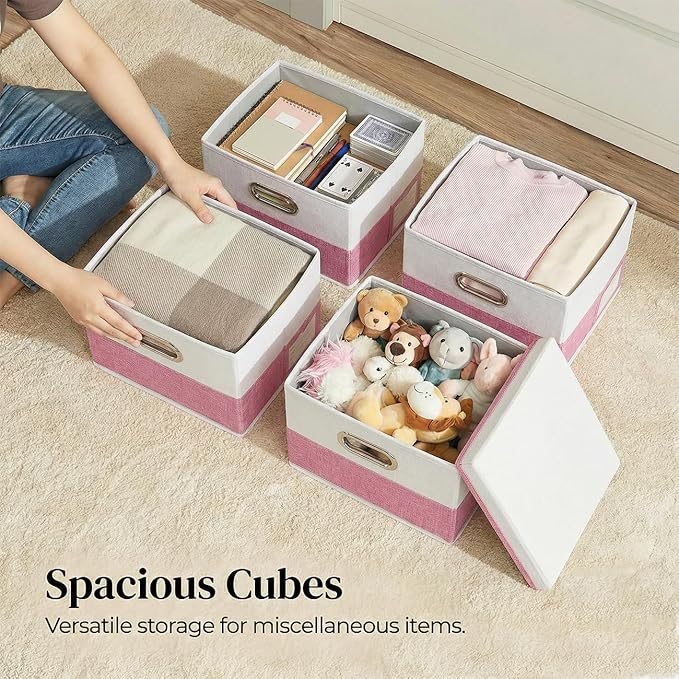 PRANDOM Storage Bins with Lids [3-Pack] Linen Fabric Foldable Storage Boxes Organizer Containers Baskets Cube with Cover for Bedroom Closet Office Pink&White（11.4X8.6X6.7