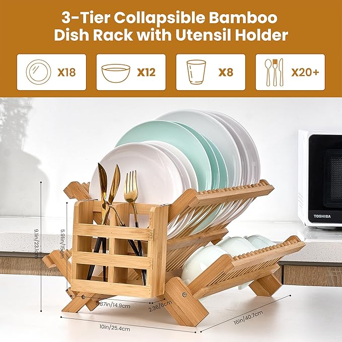 Bmaboo Dish Drying Rack for Kitchen Counter 3-Tier Collapsible Wooden Dish Drying Rack with Utensil Holder Dish Drainer Large Folding Dish Rack with Utensils Flatware Holder 51 pcs Grid