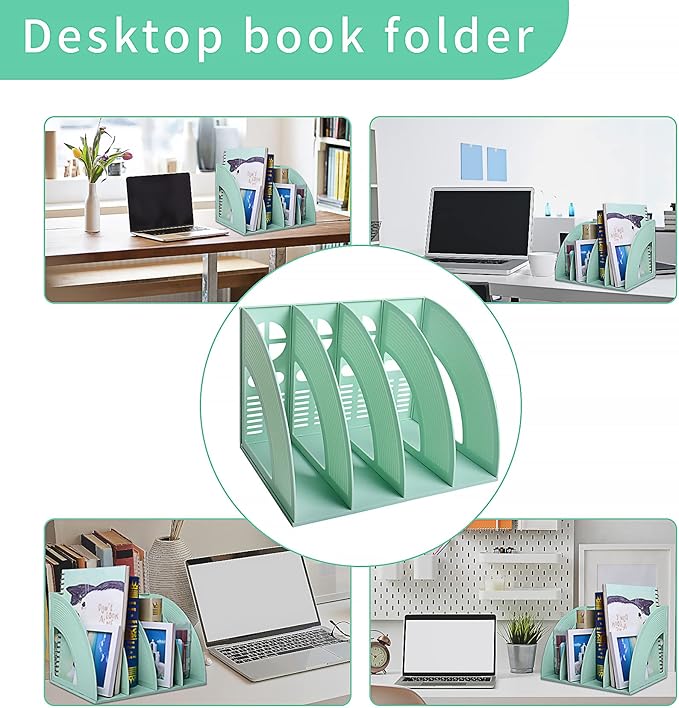 SAYEEC Sturdy Magazine Holder 4 Compartments Plastic Desktop File Organizer File Dividers Office Organizer Storage Document Magaizne Rack Display Box (Green)