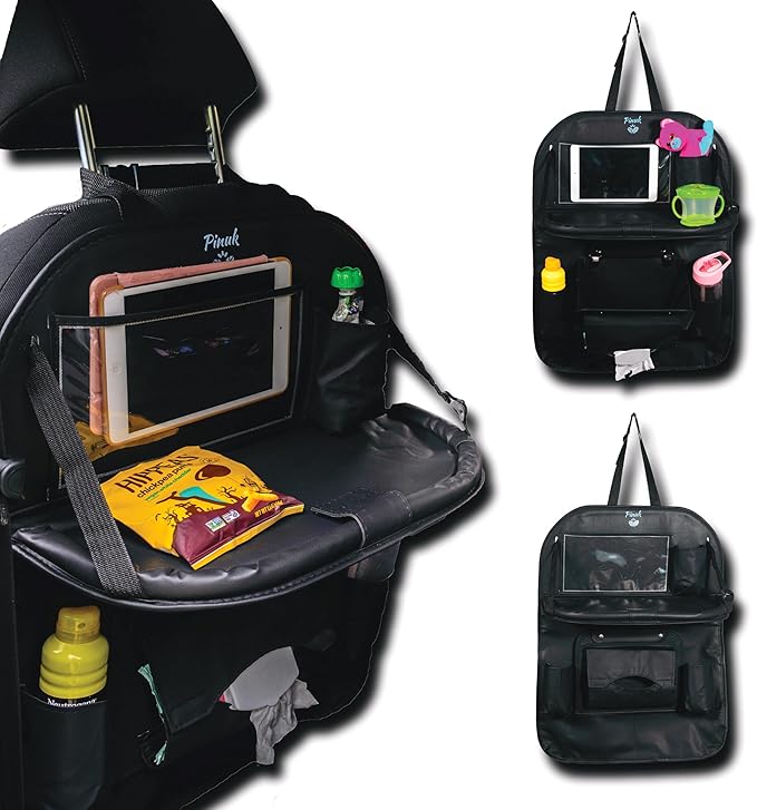Car Backseat Organizer with Built-in Foldable Tray | Double Layered Leather, Waterproof Car Seat Organizer with - Pockets | Easy Installation, Perfect for Family Trips and Daily Use