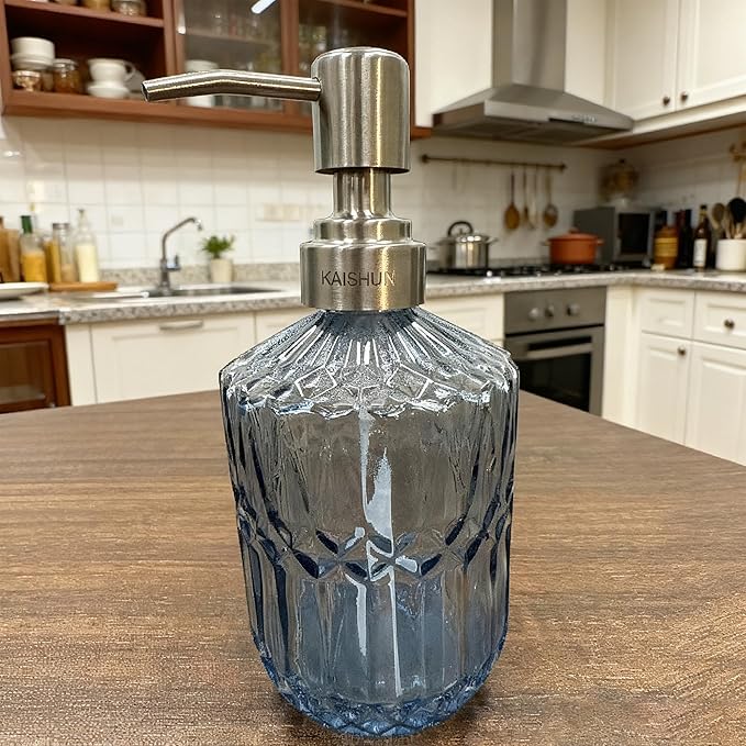 Kaishun 13 Oz Refillable Soap Dispenser, Glass Soap Dispenser for Dispense Hand Soap, Dish Soap, Lotion (Blue)