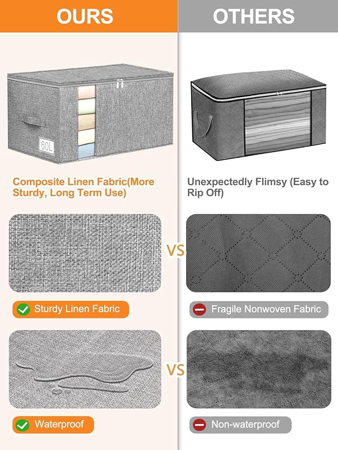 boailydi 60L Blanket/Comforter Storage Bag w/Rigid Side & Bottom Support, Stackable Clothes Storage Bin for Sweaters Bedding Sets Quilts Pillows, Closet Organizer, 21.7x14.2x11.8in, 2 Pack, Gray