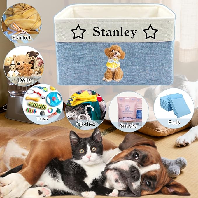 Personalized Dog Toy Basket Custom Pet Toy Box with Name Photo Customized Storage Foldable Organizer Bins for Toys Clothing