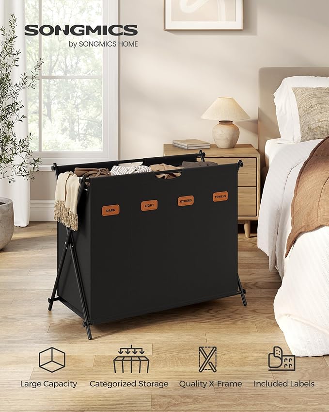 SONGMICS Laundry Hamper, Laundry Basket, 40.9 Gal. Laundry Sorter 4 Sections, Collapsible X-Frame, Clothes Organizer with Customizable Labels, Laundry Room, Bedroom, Bathroom, Ink Black ULCB140B01
