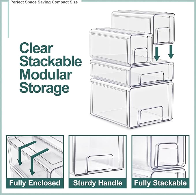 Sorbus Medium Clear Stackable Storage Drawers 4-Pack Plastic Organizer Bins with Handles Pull-Out Drawers for Bathroom Closet, Medicine, Cabinet, Pantry Storage, Baby Bottle Organizer