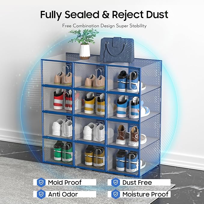 eWonLife Large Shoe Organizer Storage Box with Magnetic Door,12 Pack Clear Plastic Stackable Sneaker Containers for Closet, Connect Left and Right Shoe Box for Entryway, Drop Front, Under Bed (Blue)