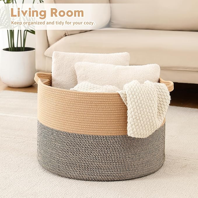 Foldable Laundry Hamper Basket with Collapsible Handle Cotton Rope Soft Woven Fabric Storage Organizer Clothes Toys Nursery Bedroom Dorm Space Saving Bin (Camel & Mix Camel, 65L(19.7"D x 12.6"H))
