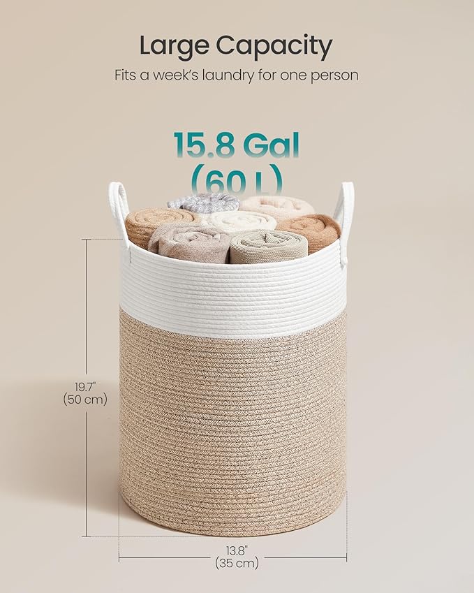SONGMICS Laundry Hamper, Cotton Rope Laundry Basket with Handles, for Children, Toys, Clothing, Living Room, Bedroom, 15.8 Gallons, 13.8 x 13.8 x 19.7 Inches, White and Grayish Brown URLH061LZ01