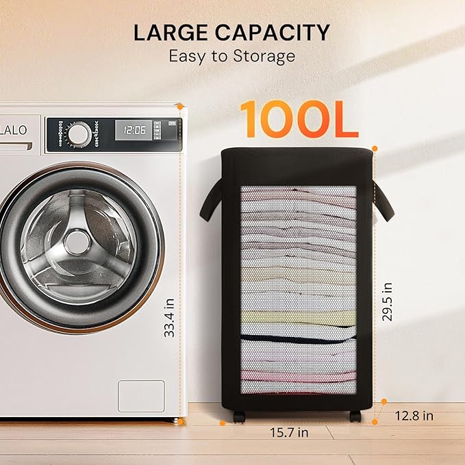Laundry Hamper Laundry Basket with Wheels, 100L Large&Tall Collapsible Clothes Hamper with Removable Bag, Dirty Clothes Hampers for Bedroom, Bathroom, Dorm, College
