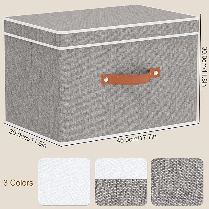 YheenLf Storage Bins with Lids, Fabric Collapsible Boxes, 17.7 x 11.8 x 11.8 Inch Storage Baskets with Handles for Bedroom Laundry Bathroom, Grey, 5-Pack