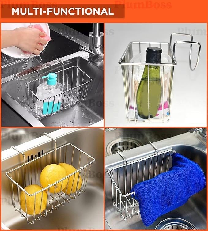 E1050 Sponge Holder for Kitchen Sink, Stainless Steel Rust Proof Caddy, Dish Draining Sink Basket
