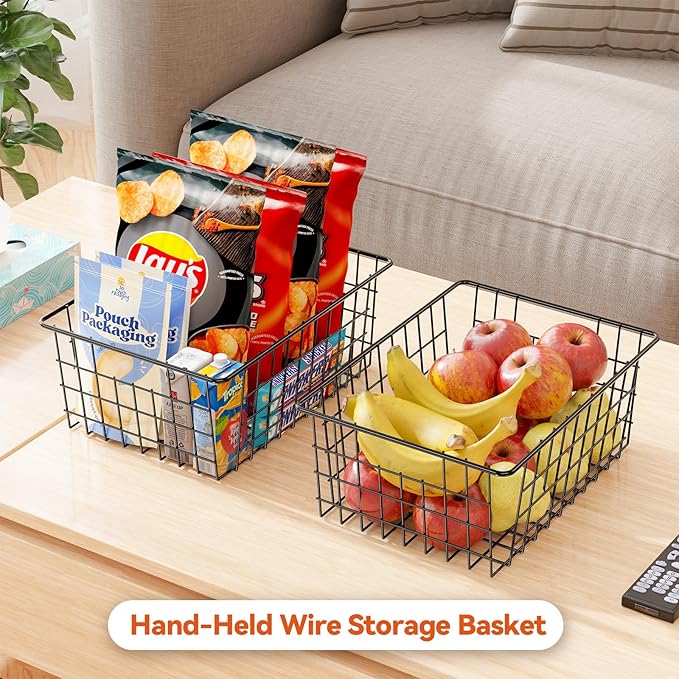 SUFAUY 6 Pack Utility Wire Shelves for Storage and organization, Sturdy Steel Large Metal Basket with Handle, Stackable Organizer, Black