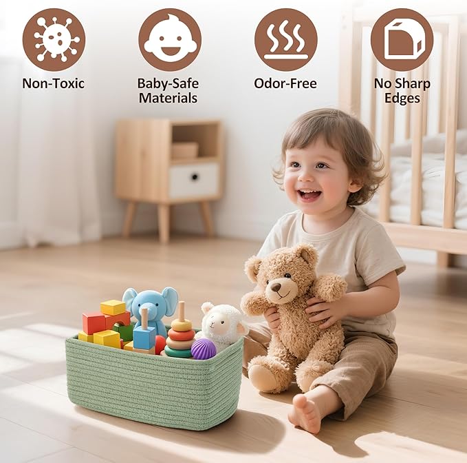 5-Pack Small Woven Rope Storage Baskets – 2 Sizes Organizer Bins for Closet, Shelf, Bookshelf, Nursery, Changing Table, Fabric Cube Boxes, Rectangular Shallow Bins for Bathroom, Toy & Home