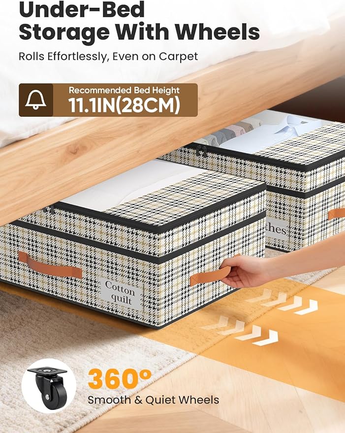 2-Pack Under Bed Storage with Wheels and 6 Vacuum Seal Bags, Adjustable Height 7.9"-10.2",63L Clear Lid Expandable Organizer for Bedding Blankets Clothes Shoes Toys, Space Saving Quick Assembly