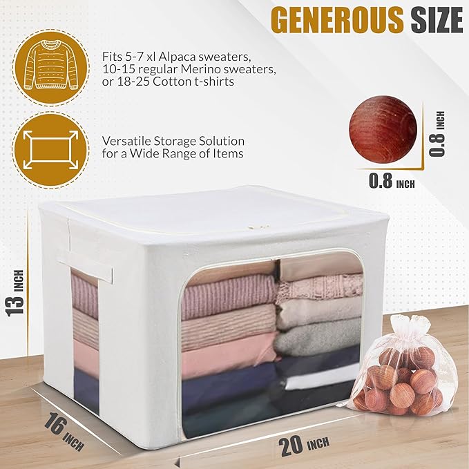66L Large Cashmere Sweater Storage Bag with Steel Frame | Natural Red Cedar Protection | Foldable Closet Organizer with Oxford Fabric, Mesh Windows | Premium Garment Box for Wool, Winter Coat, Clothes