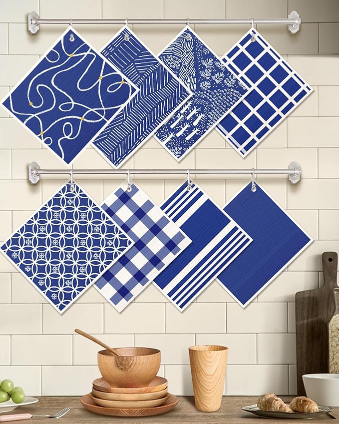 8 Pack Reusable Kitchen Swedish Dishcloths for Washing Dishes Cloths Absorbent Fast Drying Cleaning Sponge Cute Decorate Washable Swedish Towels, Blue Line