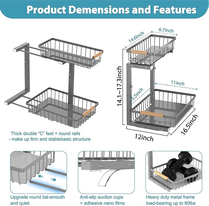 Under Sink Organizer 2 Pack, 2 Tier Slide Out Large Capacity Height Adjustable Under Sink Organizers and Storage for Kitchen Bathroom Cabinet, Grey