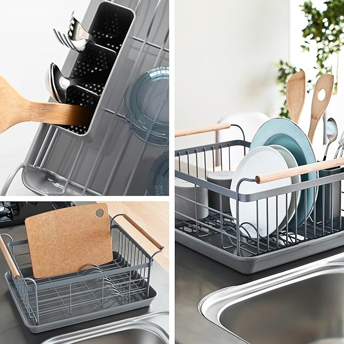 Yamazaki Home Sink Removeable Drainer Tray, Kitchen Drying Organizer Holder, One Size, White Steel + Wood | Dish Rack, Gray