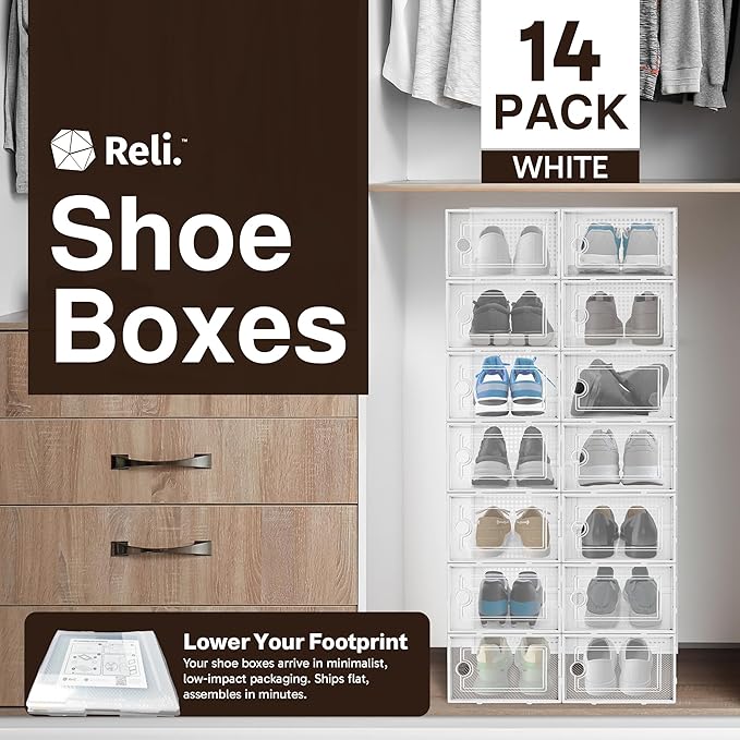 Reli. Shoe Boxes (14 Pack) | Clear Shoe Storage Boxes Stackable and Compact | Lightweight Plastic Storage Box with Ventilation Holes, Swing Door | Interlocking Containers, Stackable Rack | White