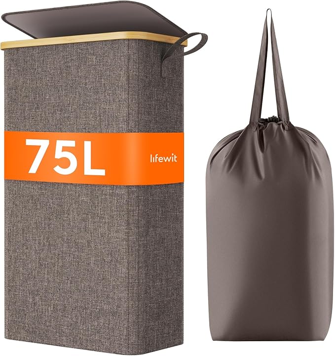 Lifewit 75L Slim Laundry Hamper with Lid, Narrow Laundry Basket with Removable Bag & Bamboo Handles, Fodable Thin Dirty Clothes Hamper for Laundry Collapsible Bin for Bathroom Bedroom Dorm, Brown