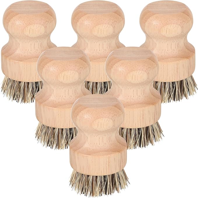 Nuenen 6 Packs Bamboo Dish Scrub Brushes Wooden Scrubbers Set Kitchen Dishwashing Scrubber with Natural Sisal Bristles for Iron Pot Pan Sink