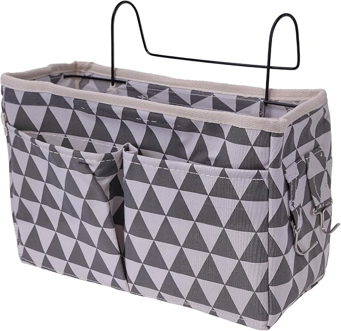 Bedside Caddy Organizer Hanging Storage Basket with Large Pockets & Hooks, Heavy-Duty Canvas Bedside Organizer for Bunk Beds, Dorm Rooms, Hospital Beds & Small Spaces (Gray Triangle Pattern)
