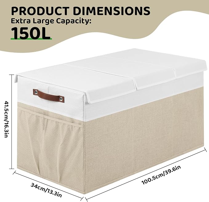 Extra Large Toy Chest,Foldable Storage Box,Large Storage Bins With Lids,Suitable for living rooms,studies,bedrooms(40"X18"X14",White & Beige)