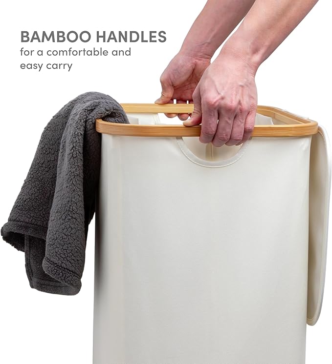 QUALIAZERO 120L Dual Laundry Hamper with Lid – 2-Section Bamboo Frame Hamper with Removable Bags & Easy-Lift Cover, Large Capacity for Families, Bathroom or Bedroom (FEATHER CREAM, DUAL)