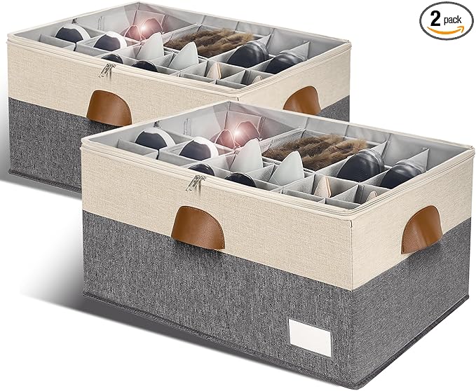 Shoe Organizer for Closet, Foldable Shoe Storage Bins with Clear Cover, Space Saving Shoes Holder with 4 Handles, Large Adjustable Shoe Box Storage Containers, Fits 12-24 Pairs, 2 Pack, Beige