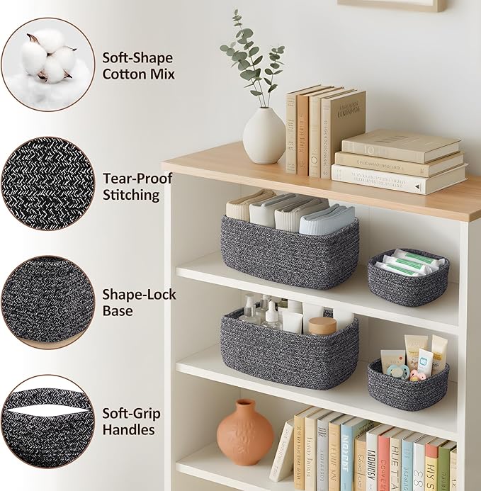 5-Pack Small Woven Rope Storage Baskets – 2 Sizes Organizer Bins for Closet, Shelf, Bookshelf, Nursery, Changing Table, Fabric Cube Boxes, Rectangular Shallow Bins for Bathroom, Toy & Home