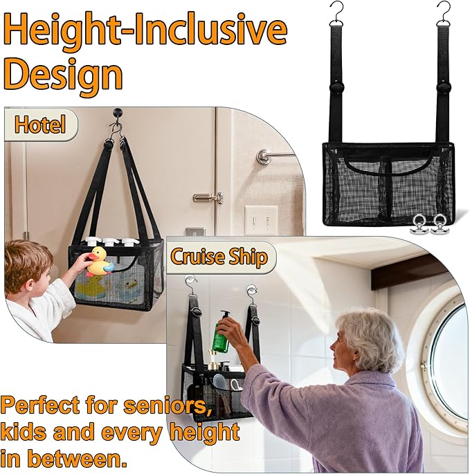 Momooda Black PVC Mesh Hanging Shower Caddy with 2 Magnetic Hooks, Adjustable Portable Bathroom Organizer with Pockets for Cruise, Dorm, Gym, Camping, RV, 12"x6"x7"(LxWxH)