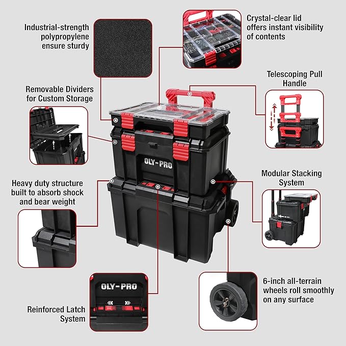 Modular Tool Box Storage System, Rolling Stackable Toolbox with Wheels, Heavy-Duty Plastic Organizer with Drawers for Garage or Truck, Black
