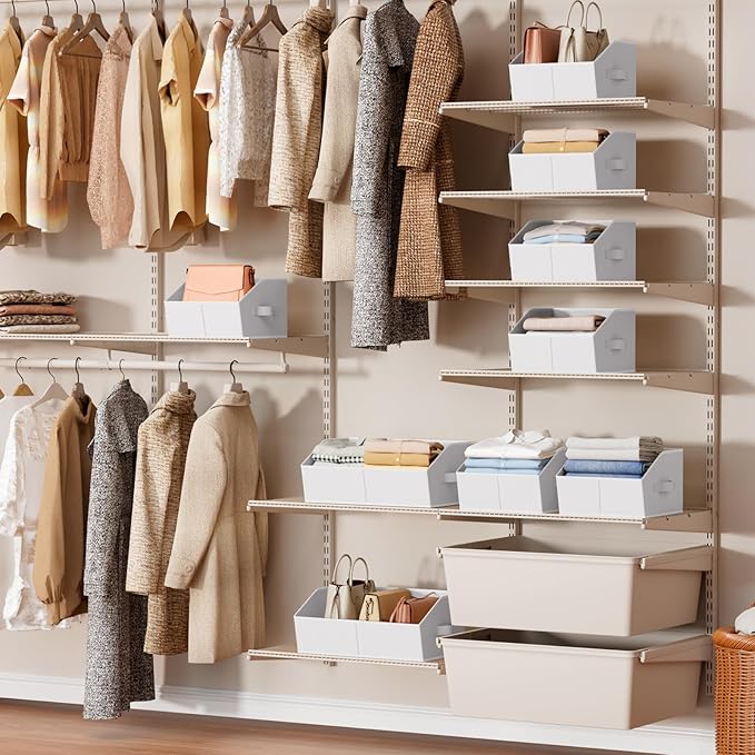 Storage Bins for Shelves - Small Trapezoid Closet Shelf Organizer, Fabric Organization Bins with Handles, Storage Baskets for Clothes, Towel, Purse, 4 Pack, White