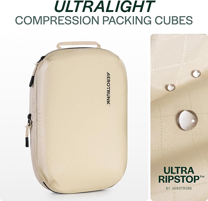 Aerotrunk Ultralight Compression Packing Cubes - Lightweight Travel Organizers for Suitcases and Luggage (6-Pack, Beige)