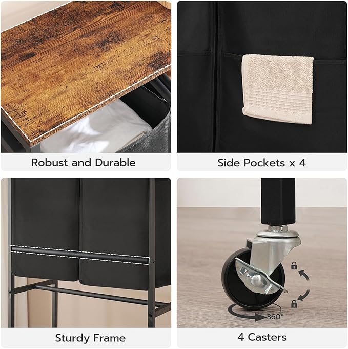 HOOBRO Laundry Sorter, Laundry Basket with Wheels, 52 Gal (198L) Rolling Laundry Hamper, 2 Tier Laundry Cart with 4 Removable Oxford Fabric Laundry Bags, Rustic Brown and Black BF71XY01