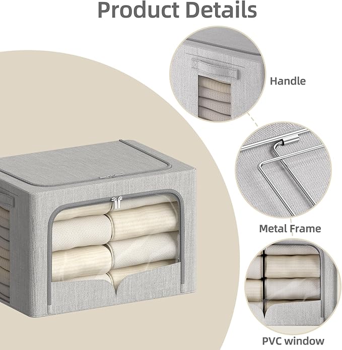 FHSQX 3 Pack Clothes Storage Bins - Foldable Metal Frame Storage Box - Stackable Linen Fabric Container Organizer Set with Carrying Handles and Clear Window (Light Gray, 16.5x12.2x12.2inch(40L))