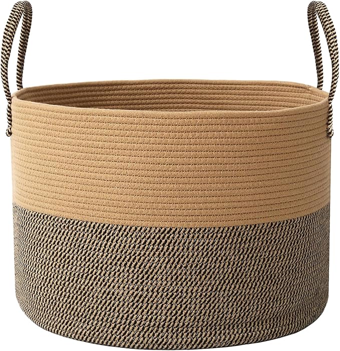 115L Extra Large Blanket Basket for Living Room - Woven Cotton Rope Laundry Hamper with Reinforced Handles - Storage Bin for Pillows, Comforters & Toys - Machine Washable,Jute&Black