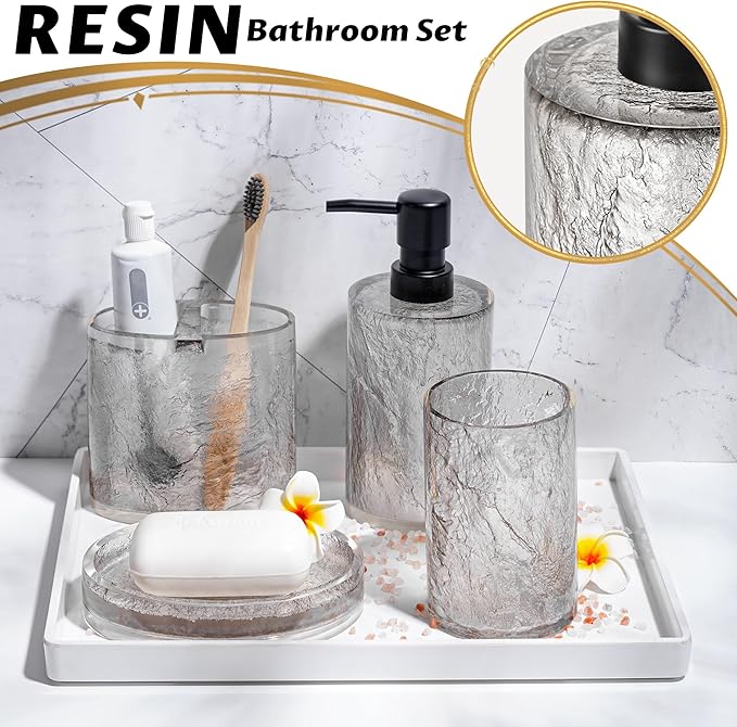 Modern Luxe Bathroom Accessories Set 5 Pcs Resin Bathroom Accessory Set Soap Dispenser Toothbrush Holder Tumbler Soap Dish Cotton Swab Jar Easy to Clean Crackle Pattern Translucent Black