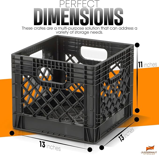 Juggernaut 16 Quart Storage Crate, Milk Crate Plastic Basket w/ 4 Handles, Organizer Bins for Office Storage & Classroom Organization, 4-Pack, Black