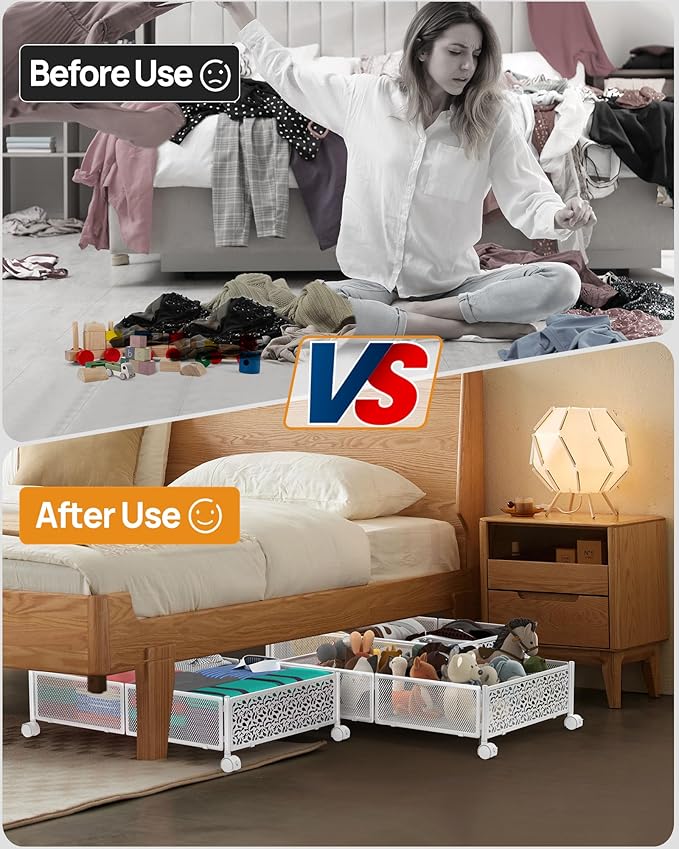 Under Bed Storage With Wheels - 60L Foldable Pattern Carved Metal Container, Rolling Underbed for Shoes, Clothes, Blankets - Easy Assembly