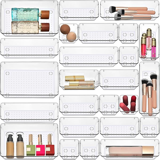 Masirs Clear Drawer Organizer Set - 25 Piece Plastic Storage Bins for Desk, Bathroom, Kitchen, Vanity - Modular Tray System for Makeup, Office Supplies, and Small Item Organization