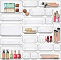 Masirs Clear Drawer Organizer Set - 25 Piece Plastic Storage Bins for Desk, Bathroom, Kitchen, Vanity - Modular Tray System for Makeup, Office Supplies, and Small Item Organization