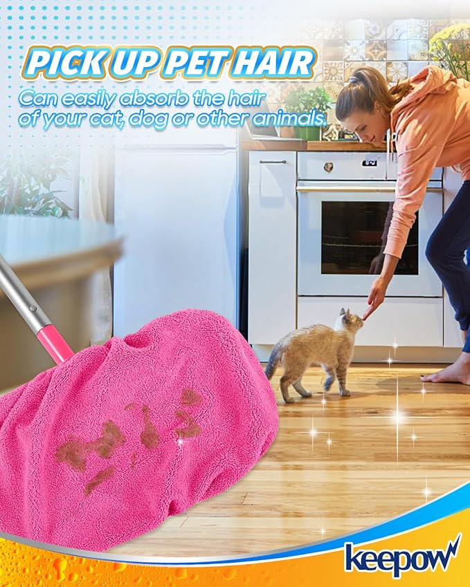 KEEPOW 6 Pack Reusable Mop Pads Compatible with Swiffer Sweeper, Coral Fleece Washable Swiffer Mop Pads, Dry & Wet Sweeping Mopping Cloths (Pink, Not Included Mop)