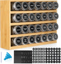 Bamboo Spice Rack Organizer With 28 Spice Jars, 780 Labels, 4 Tier Wood Hanging Shelf, Chalk Marker and Funnel Set for Drawer Cabinet Kitchen Countertop Wall Mount, Empty 4 oz Glass Jar & Shaker Lids
