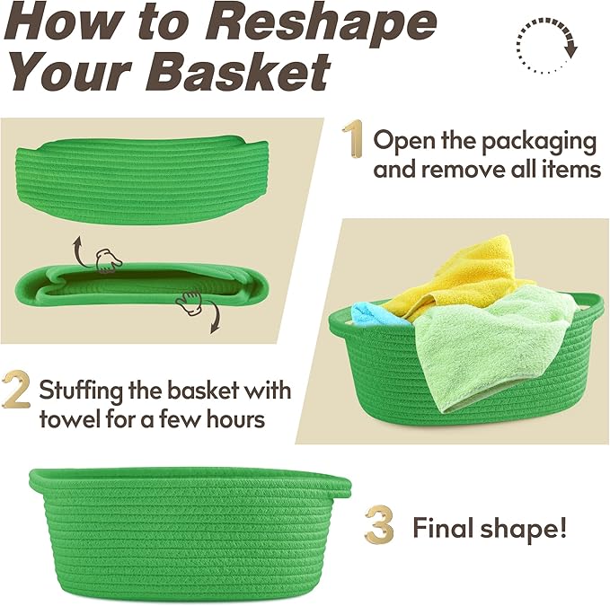 Pro Goleem Small Woven Basket with Gift Bags and Ribbons Durable Baskets for Gifts Empty Small Rope Basket for Storage 12"X 8" X 5" Baby Toy Basket with Handles, Grass Green