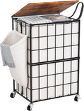 90L Laundry Basket with Wheels, Large Capacity Laundry Hamper with Removable Liner Bags, Heavy Duty Laundry Sorter with Solid Wood Lid & Leather Handles (Beige) TLH001B01